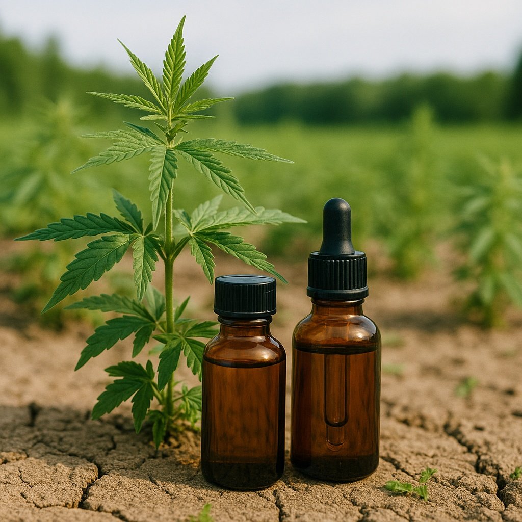 Organic full-spectrum CBD capsules with hemp leaves and amber bottle, lab-tested low-THC nutraceuticals