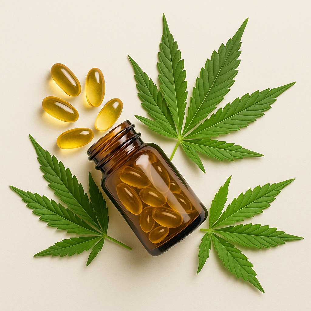 Hemp plants and CBD capsule bottles emphasizing natural origin and compliant sourcing