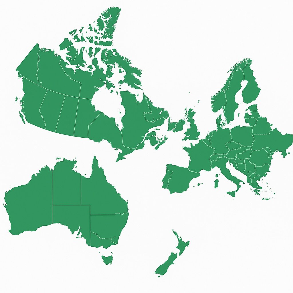 Map highlighting Canada, UK, Europe, Australia and New Zealand for CBD capsules availability